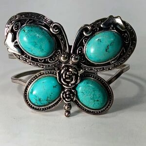 Turquoise and Silver Tone Butterfly Clamp Bracelet (1310)